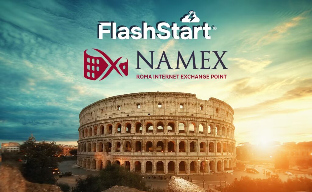 photo of the Colosseo of Rome with the logos of FlashStart and Namex
