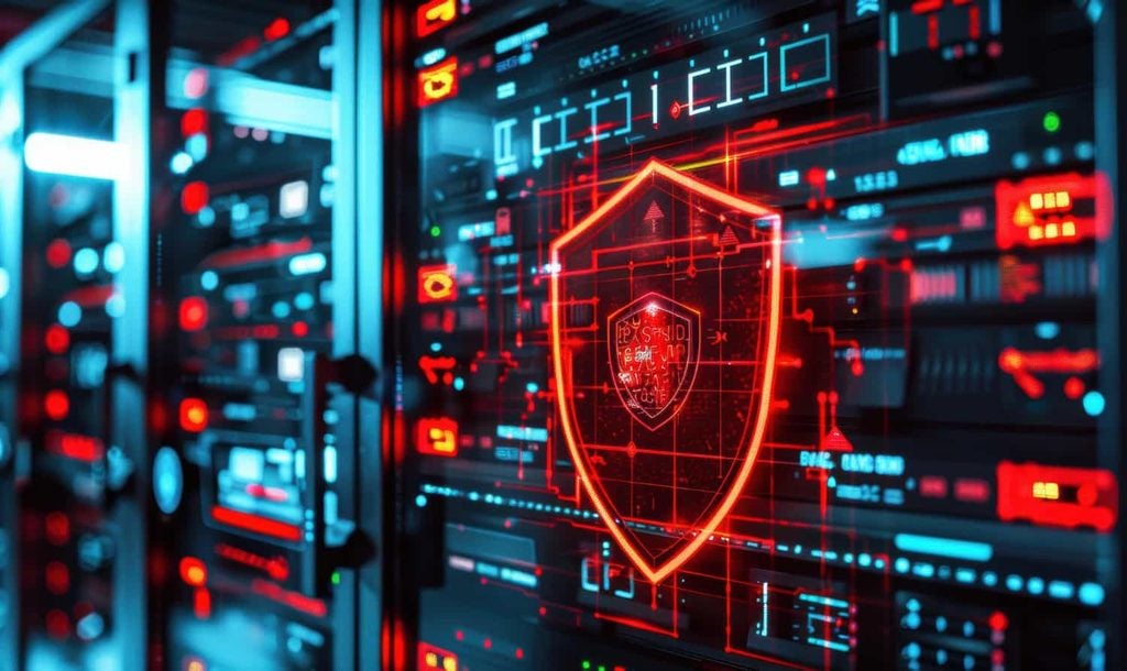 red shield indicating security over a server