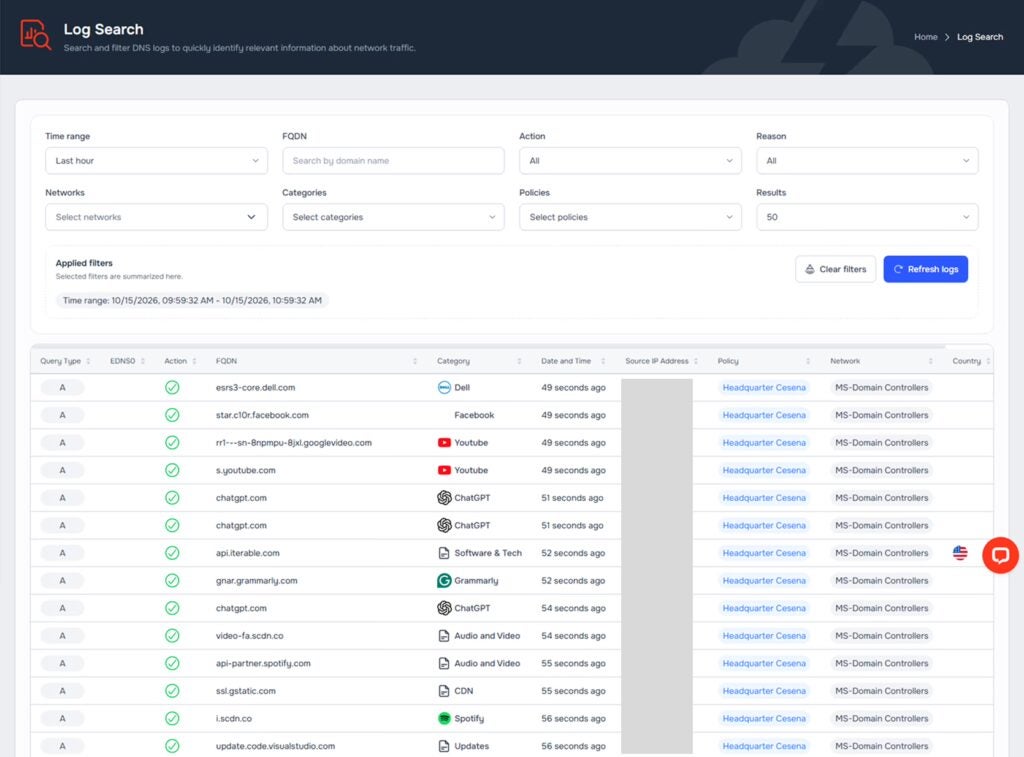 capture of FlashStart's platform for internet usage reporting and logs.